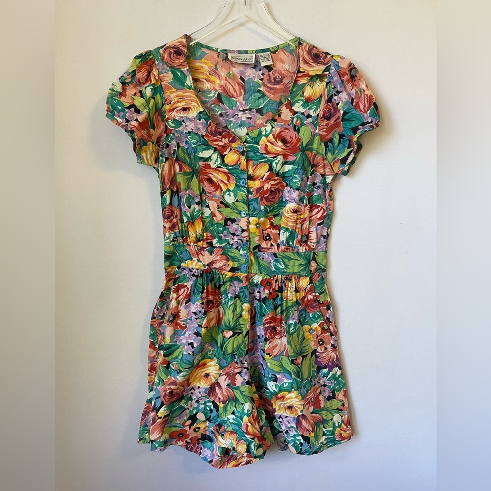 80s Cabbage Rose Cotton Floral Shorts Romper L